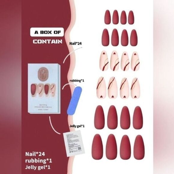 💕5/$18 Almond Heart & Gold Stripe Design Press on Nails - Picture 5 of 5